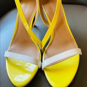 Calvin Klein sandals, yellow, black, white leather. Size 7.5